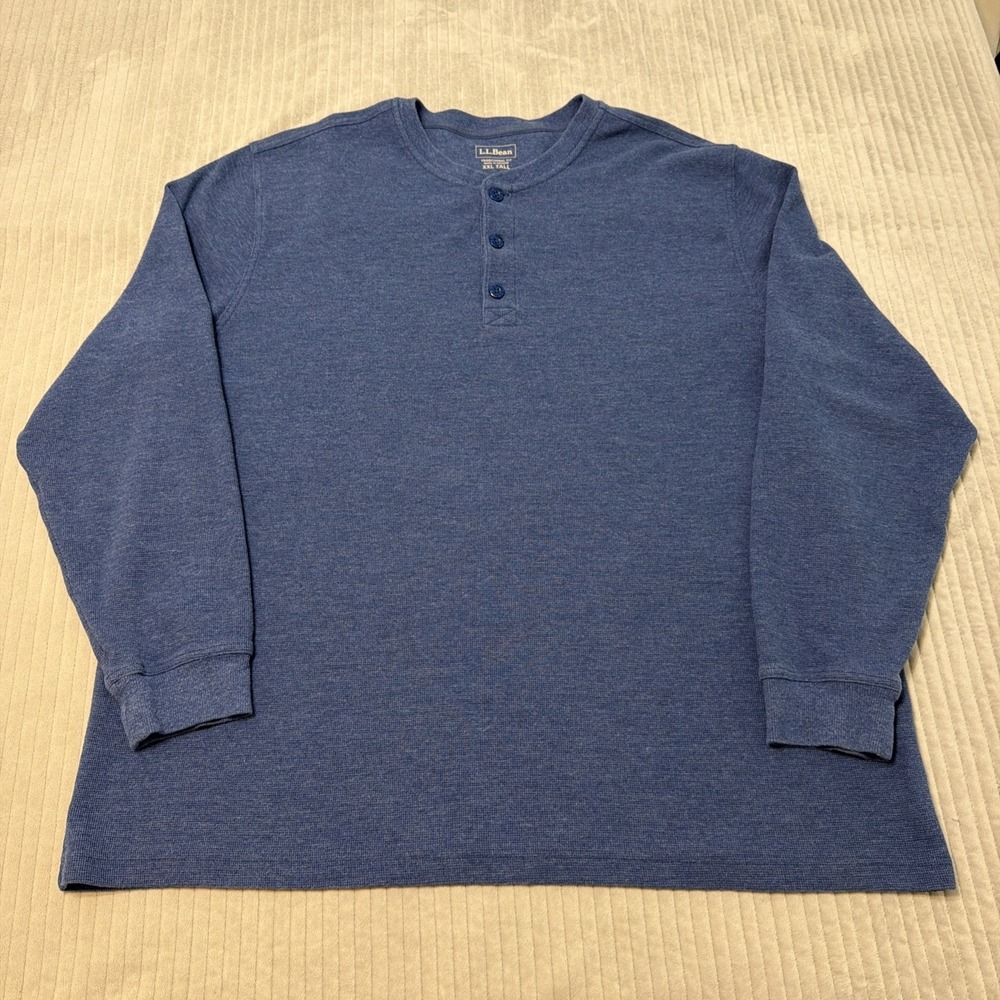 L.L. Bean Shirt Mens 2XLT Blue Thermal Waffle Knit Henley Long Sleeve Cotton Tee